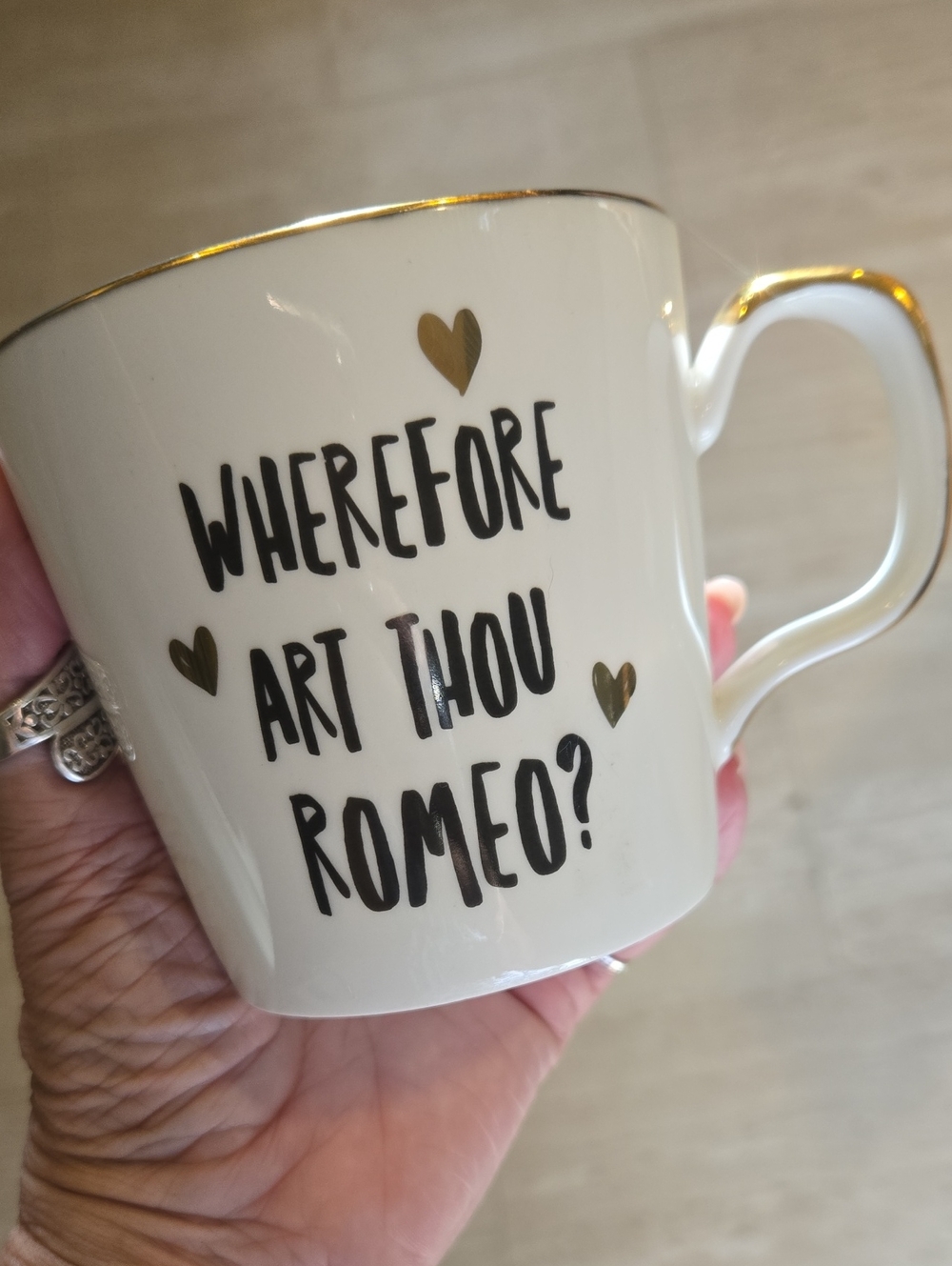 Grace's Teaware White "Wherefore Art Thou Romeo?" Golden Rimmed Mug